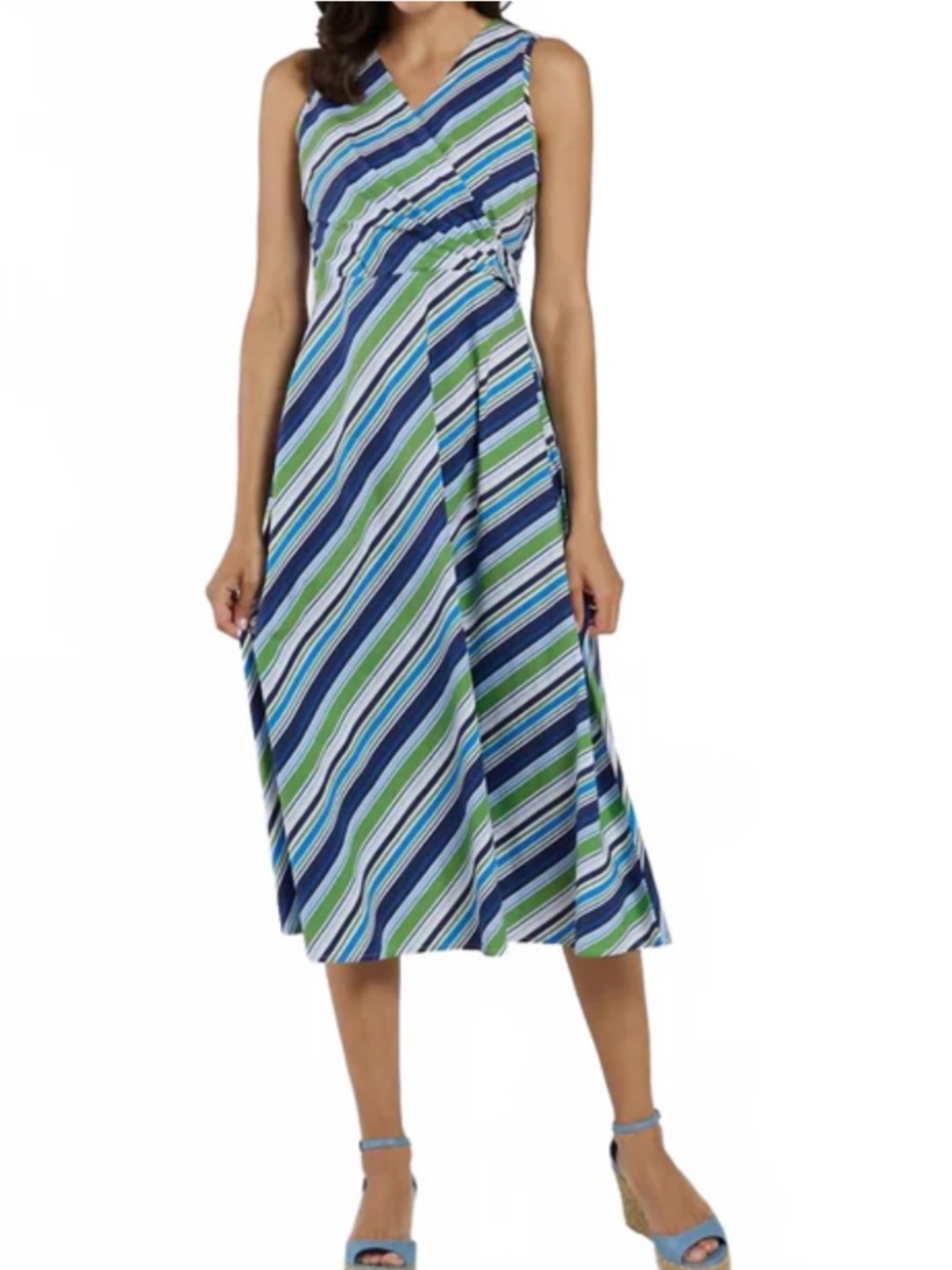 Jude Connally Easton Faux Wrap Midi Dress Umbrella Stripe Navy L Summer Casual